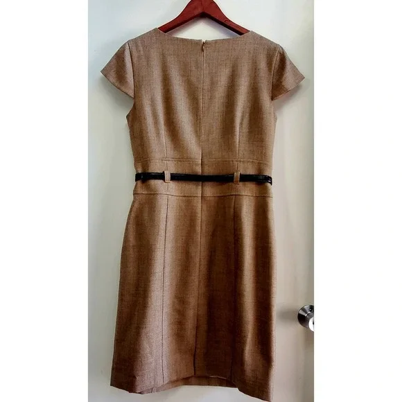 Jessica Howard Dress 12 Brown Belt Cap Sleeve Tweed Tan/Brown Sheath Poly Lined - Picture 6 of 13